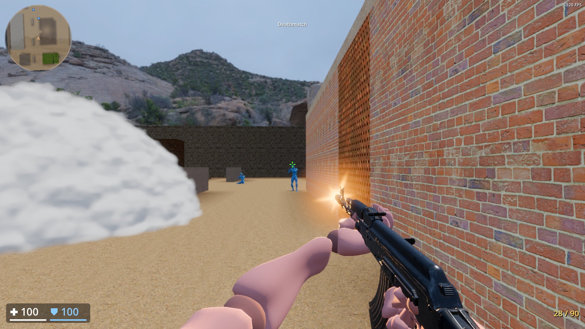 Luderra: smoke by a brick wall, rifle in hand
