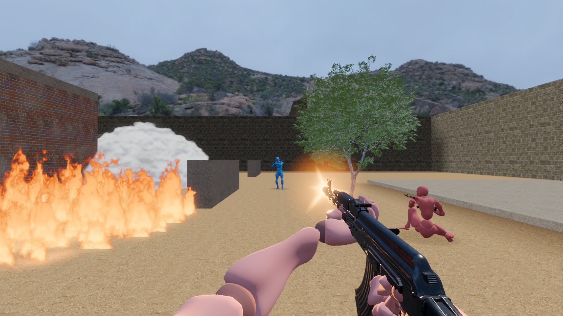 Luderra: a firefight on a desert map, fire and smoke in the background