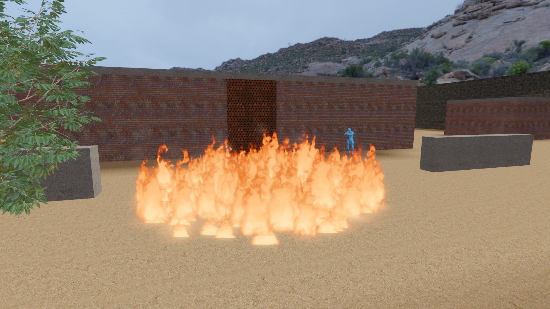 Luderra: a molotov burning in a courtyard