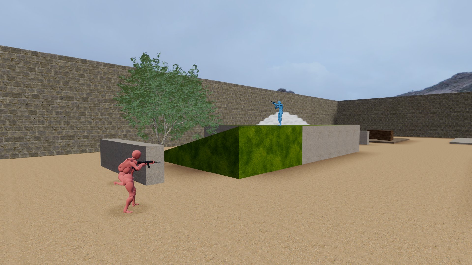 Luderra: players on a desert map, a hedge and a smoke cloud