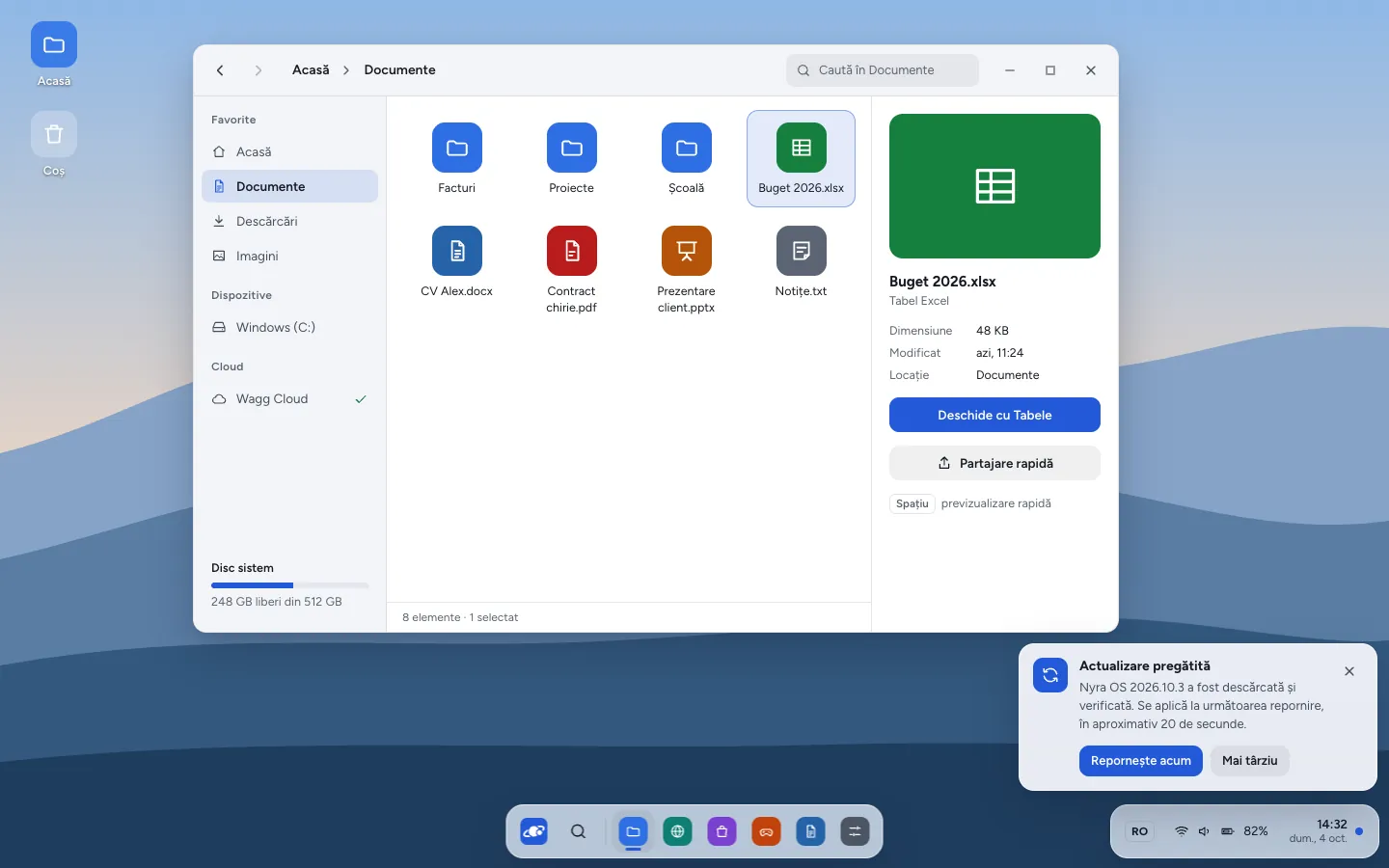 Nyra OS: the desktop with the file manager open and an update ready to install