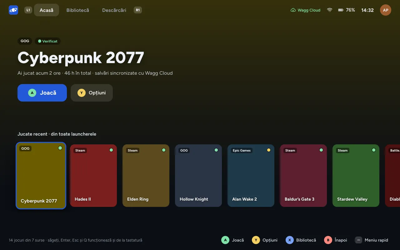 Nyra OS: the games library in controller mode, Cyberpunk 2077 selected
