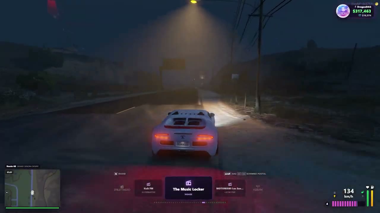 Vinewood: a white supercar at night under a streetlight, the radio station picker open on The Music Locker